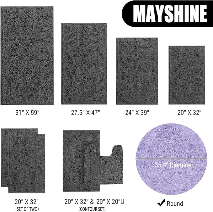 MAYSHINE Round Area Rug Set for Bathroom | Soft Plush Chenille Bath Mat, Water Absorbent Non-Slip Bathroom Rug | Washable Shag Carpet for Shower, Bedroom, or Home Décor | 36"x36" (Round) | Lavender