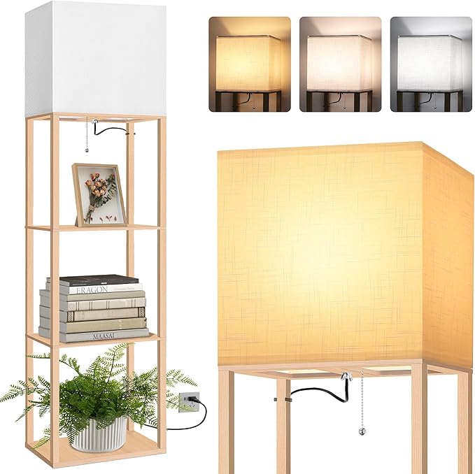 Dott Arts Floor Lamp with Shelves, Wide Floor Lamps for Living Room Display Shelf Lamps with 3 Color LED Bulb,Storage Wood Modern Floor Lamp for Bedroom Standing Lamp for Living Room Office（Burlywood）