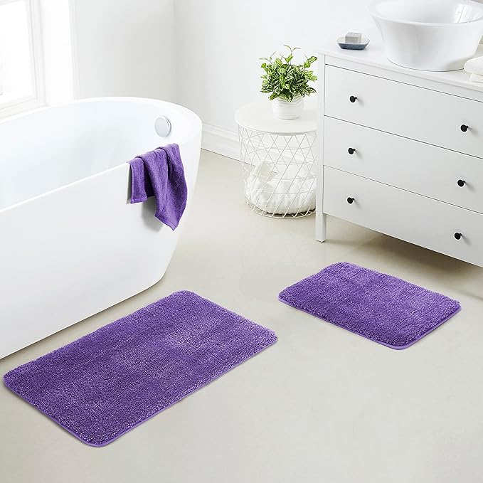 YHF Bathroom Rug Set 2 Piece, Extra Thick & Soft Microfiber Shaggy, Machine Washable Bath Mats, Absorbent Bath Rugs, Non-Slip Rubber Backing Bath Mat for Bathroom Floor, Tub and Shower, Purple