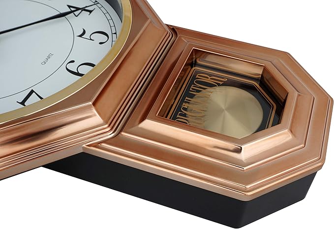 JUSTIME Traditional Schoolhouse Easy to Read Regulator Wall Clock, Chiming Wall Clocks with Pendulum & Westminster Chime Hourly, Schoolhouse Wall Decor Battery Operated (Vintage Copper)