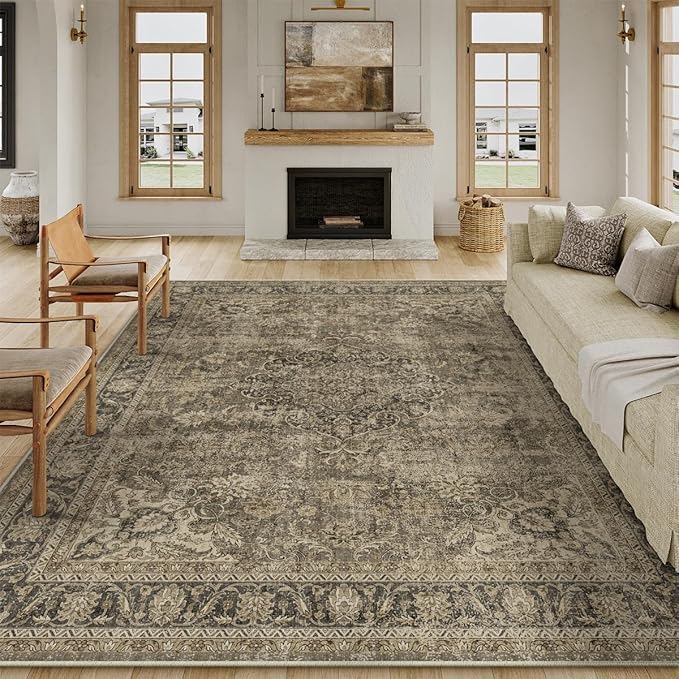 10x12 Brown Vintage Area Rug for Living Room Bedroom Large Traditional Low Pile Soft Carpet Non-Slip Thin Retro Distressed Accent Washable Throw Rug for Dining Room Office Kitchen Indoor