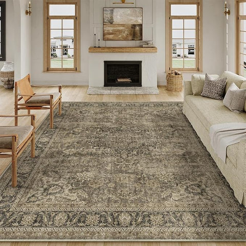 10x12 Brown Vintage Area Rug for Living Room Bedroom Large Traditional Low Pile Soft Carpet Non-Slip Thin Retro Distressed Accent Washable Throw Rug for Dining Room Office Kitchen Indoor