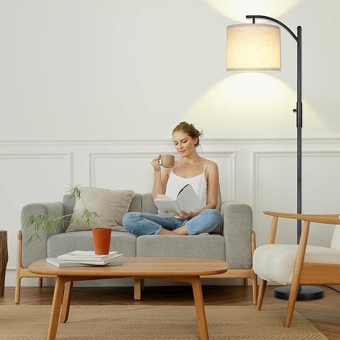 ROTTOGOON Dimmable Floor Lamp, Arc Floor Lamps for Living Room, Stepless Dimming Modern Standing Lamp with Linen Shade, Tall Lamp for Bedroom Office Dining Room- Black