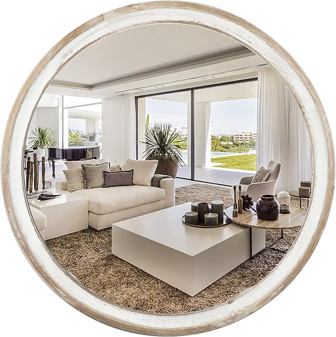 24 Inches Wooden Round Wall Mirror for Bathroom Vanity, Farmhouse Decorative Circle Mirrors with Whitewash Edge, for Bedroom, Entryway, Living Room, Kithen, Home, Office
