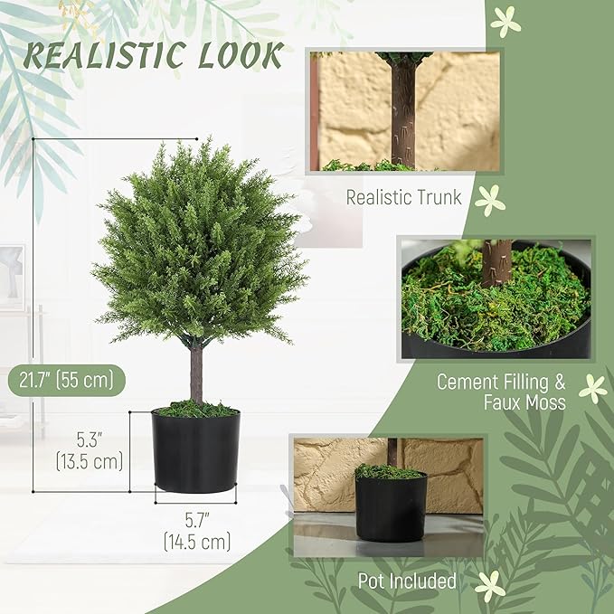 HOMCOM Artificial Plants Set of 2 Decorative Cedar Topiary Trees in Pots, Fake Plants for Home Indoor Outdoor Front Porch, 21.7 inch, Green