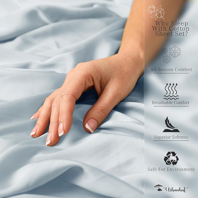 URBANHUT 700 Thread Count Twin Size Egyptian Cotton Sheets, 4Pc Sheet Set Soft Luxury Bed Sheets for Twin Size Bed, Sateen Weave Hotel Sheets, 14'' Elasticized Deep Pocket - Light Blue.