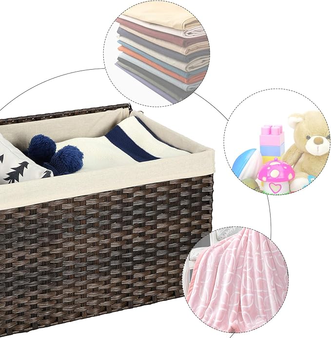 SONGMICS Storage Basket with Lid, 17.2 Gallon (65L) Storage Bin, Woven Blanket Storage Basket with Handles, Foldable, Removable Liner, Metal Frame, for Bedroom, Laundry Room, Brown URST56BR