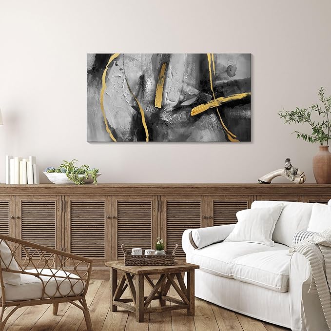 Abstract Large Canvas Wall Art for Living Room,Golden Line Rhythm Canvas Prints Hand-Painted Bedroom Wall Decor Black Gray Artwork for Home Cafe Kitchen Restaurant Decor 20x40 In