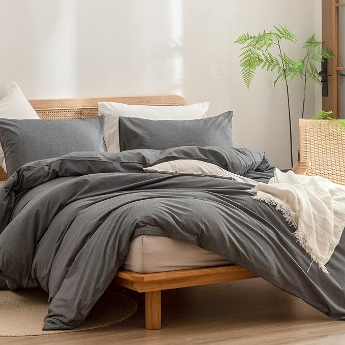 BESTOUCH Duvet Cover Set 100% Washed Cotton Linen Feel Super Soft Comfortable Chic Lightweight 3 PCs Home Bedding Set Solid Dark Grey Super King