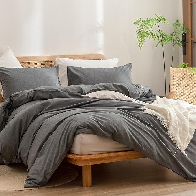 BESTOUCH Duvet Cover Set 100% Washed Cotton Linen Feel Super Soft Comfortable Chic Lightweight 3 PCs Home Bedding Set Solid Dark Grey Queen