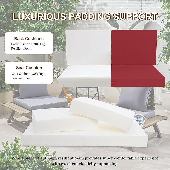 Outdoor Loveseat Cushion Set 46 x 26 Inch, Waterproof & Fade-Resistant Deep Seat Patio Cushions with Removable Cover, Ties & Hidden Zipper, Patio Love Seat Sofa Cushions for Sofa Bench Couch,Wine Red