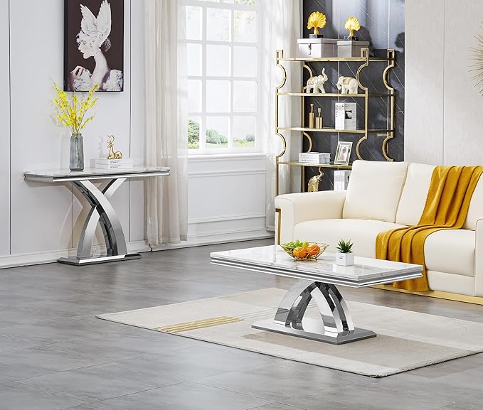 SSLine Rectangular Faux Marble Coffee Table for Living Room Modern Luxury White Marble Center Table with Silver Pedestal Base 46.8" Mid-Century Cocktail Table with Mirrored Stainless Steel Frame