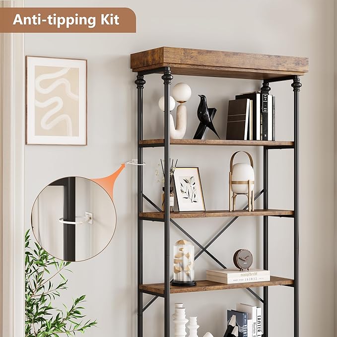 IDEALHOUSE Industrial Bookshelf Wood Bookcase 6 Tier Storage Open Rack Shelf Metal Frame Rustic Tall Standing Bookshelves Large Vintage Display Rack for Bedroom,Living Room and Home Office