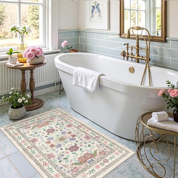 Deerly Floral Rugs for Entryway 2x3 Washable Small Vintage Boho Bathroom Door Mat Non-Slip Soft Low Pile Thin Indoor Carpet for Kitchen Entrance Farmhouse Throw Rug, Beige/Light Pink/Multi
