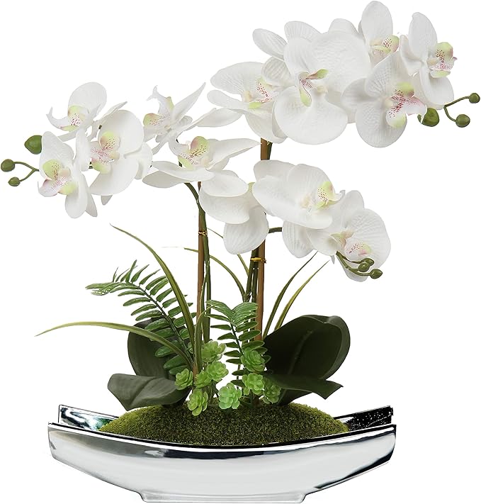 Briful Orchids Artificial Flowers 15" White Phalaenopsis Orchid with Silver Pots Real Touch Faux Orchid Plant for Home Office Living Room Table Decoration