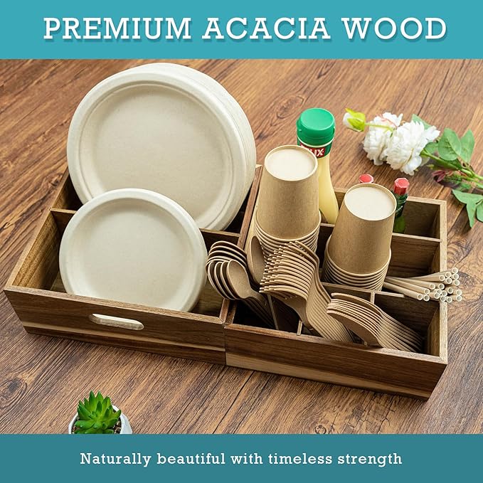 2 Set of Acacia Utensil Holder for Party - Wood Utensil Caddy for Parties and Paper Plate Dispenser for Countertop - Organize Cups, Spoons, Forks, Plates, Napkins - Kitchen Accessories
