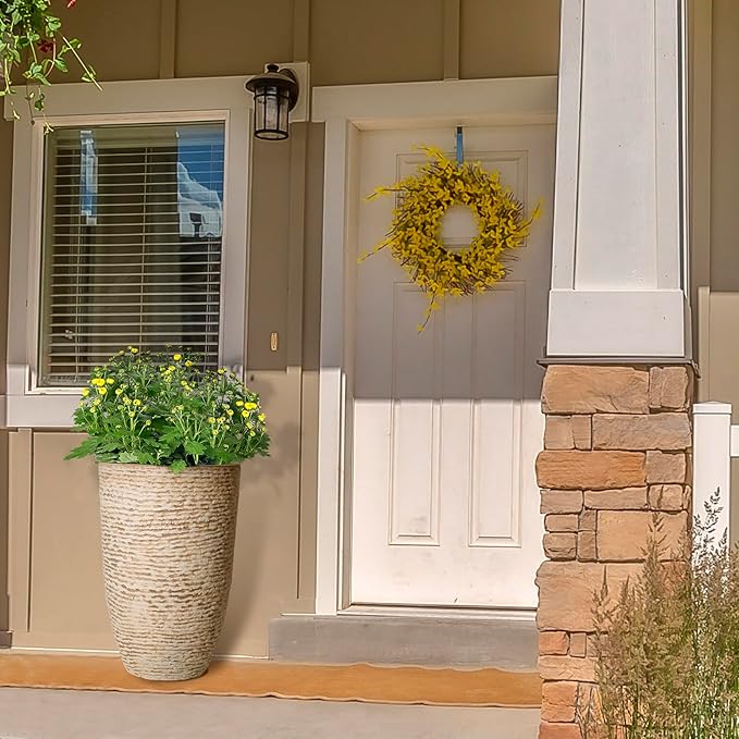 KOL 2-Pack 21in. Tall Plastic Planter - Large Round Tapered Plant Pots with Textured Finish - Beige Imitation Stone Looking Flower Pots for Indoor & Outdoor Plants - Lightweight and Durable