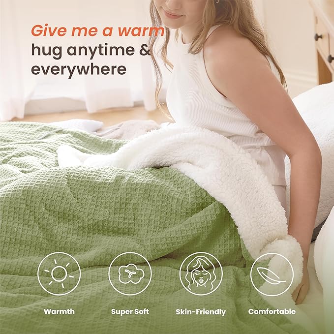 Heated Blanket Electric Blanket Full Waffle,72x84 Inches Sherpa Fleece Fast Heating Blanket 6 Heating Levels & 10 Hours Auto Off ETL Certification,Sage Full