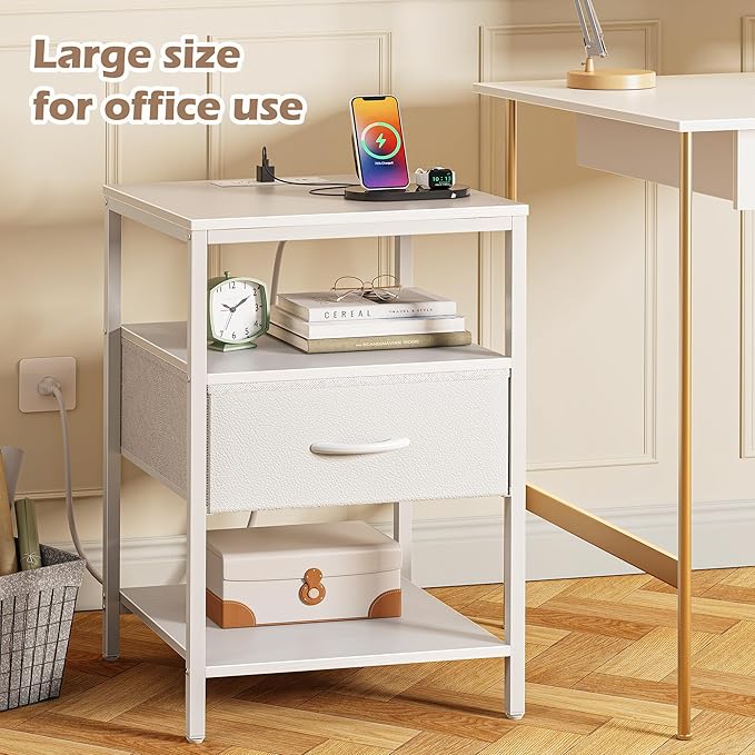 SUPERJARE Nightstand with Charging Station, White Night Stand with Adjustable Drawers, 17.7 Inches Wider Side Table for Bedroom, 3-Tier Storage End Table with Open Shelf, PU Leather Surface