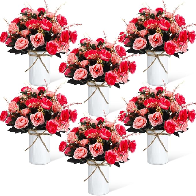 Domensi 6 Sets Wedding Centerpiece for Table Artificial Rose with Vase Fake Bouquets and Metal Pot Floral Arrangements for Holiday Party Event Table Decor (Rose Red)