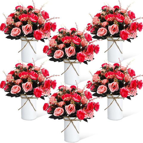 Domensi 6 Sets Wedding Centerpiece for Table Artificial Rose with Vase Fake Bouquets and Metal Pot Floral Arrangements for Holiday Party Event Table Decor (Rose Red)