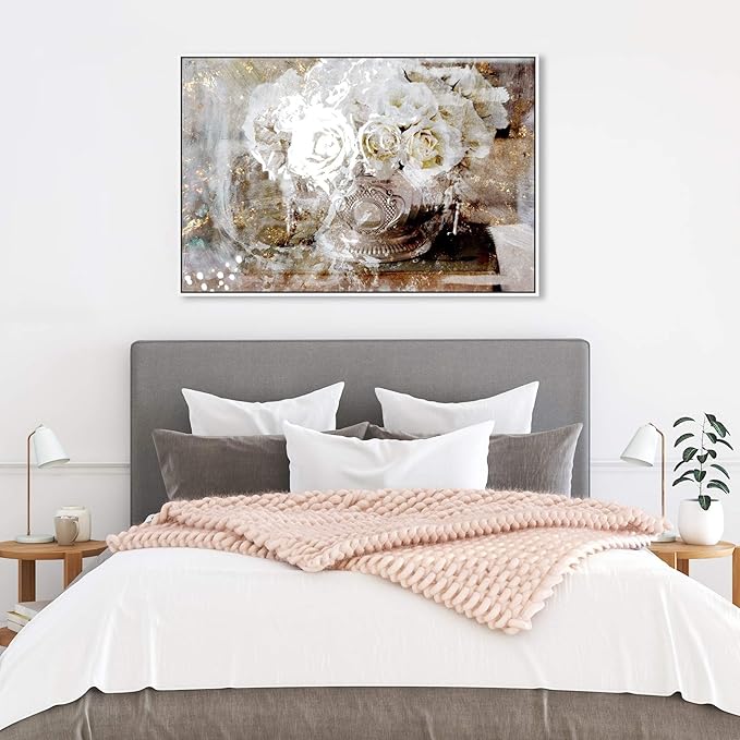 Floral and Botanical Framed Wall Art Canvas Prints 'Serving Roses' Florals, White, Gold, 36" x 24"