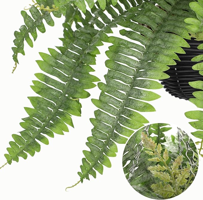 Artificial Fern Hanging Basket Plant 25" Boston Ferns 31 Leaves Greenery Plants with Rattan Pot for Outdoors & Indoor Fake Fern Bush Plant in Pot for Patio Entrance Porch Garden Decor Dusty Green