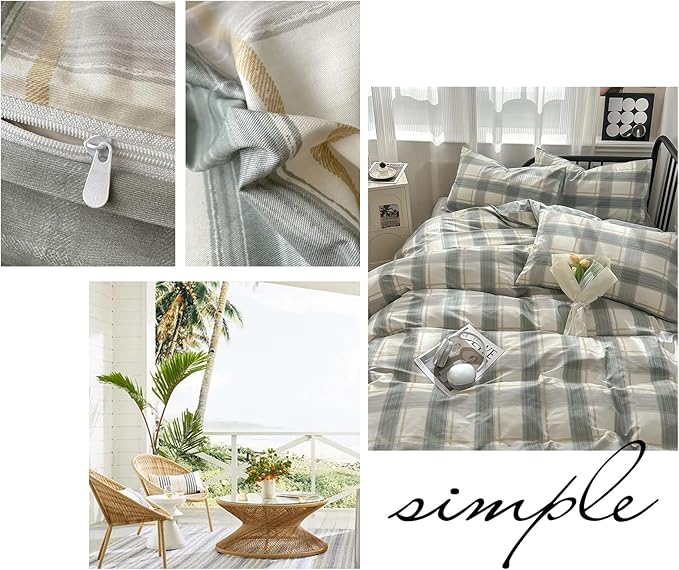 VM VOUGEMARKET Green Plaid Duvet Cover Sets Queen,3 Pieces Gingham Comforter Cover with Zipper Closure & Corner Ties for Men Boys Simple Modern Bedding Set (90"x90")