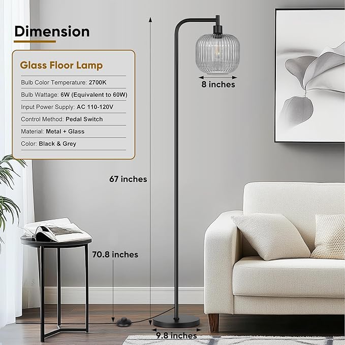QiMH Glass Floor Lamp for Living Room, Modern Standing Lamp with Ribbed Grey Glass Lampshade Pedal Switch, 67” Tall Lamp for Bedroom Study Room, Black (2700K LED Bulb Included)