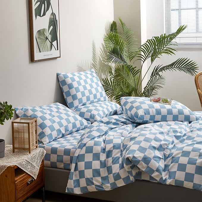 Pureant Blue and White Plaid Comforter Set Queen Blue Checkerboard Grid Bedding Comforter Sets Blue Buffalo Grid Queen Comforter for Women Men Soft Checkered Geomertic Queen Size Comforter Sets