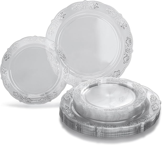 " OCCASIONS " 50 Plates Pack (25 Guests)-Vintage Wedding Party Disposable Plastic Plate Set -25 x 10.25'' Dinner + 25 x 7.5'' Salad/Dessert plates (Portofino in Clear & Silver)