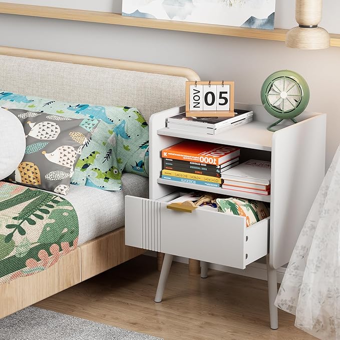 Night Stand Modern End Table with Storage Drawer and Open Shelf, Small Bedside Table, Wooden Sofa Side Stand for Bedroom,Study Room and Small Spaces (White)