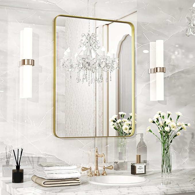 Fun Memories Gold Bathroom Mirror 22X30 Inch Bathroom Vanity, Metal Gold Frame Large Mirror, Modern Wall Mirror for Bathroom, Tempered Glass, Farmhouse, Horizontally or Vertically