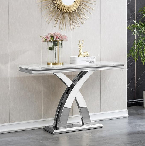 Marble Console Entryway Table, 47 inch Faux Marble Narrow Long Sofa Table, Modern White Tall Accent Table for Living Room, Entrance Table with Silver Geometric Stainless Steel Frame