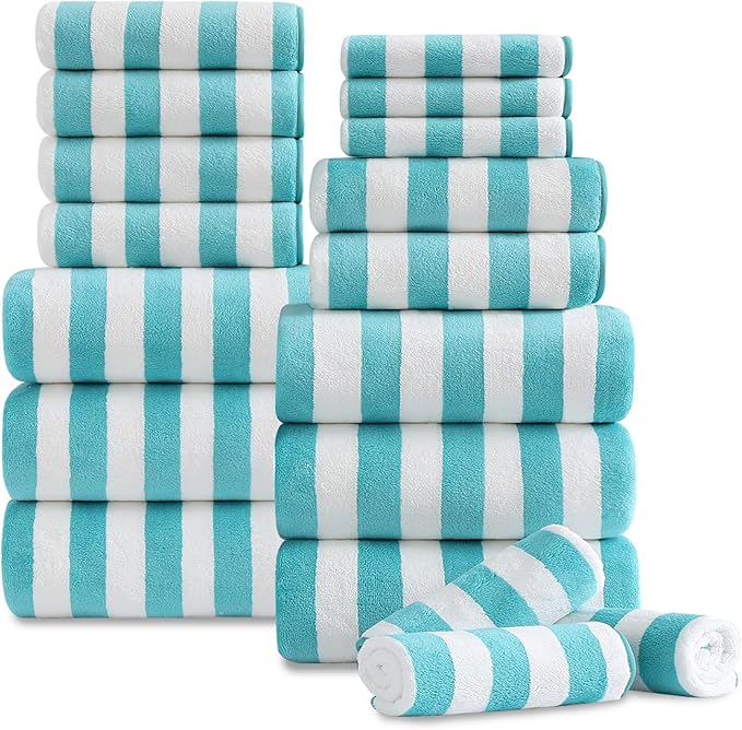 18 Pcs Turquoise Cabana Stripe Family Towels Set with Hanging Loop-6 Bath Sheets,6 Hand Towels,6 Washcloths Soft Bathroom Towel Highly Absorbent Quick Dry Shower Towel for Beach Chair,Spa,Gym,Hotel