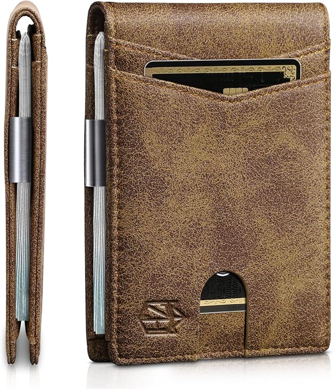 Zitahli Slim Wallet for Men Gifts 12 Card Slots ID Window With Money Clip Minimalist RFID Front Pocket Bifold Leather Small Thin Gift Box Dad Birthday Christmas Regalos Hombres
