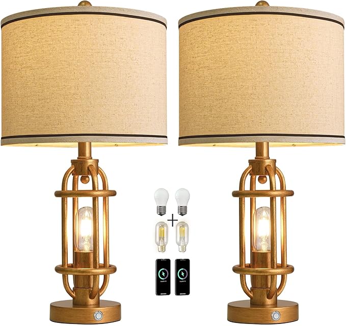 23.75'' Table Lamps Set of 2 for Living Room Bedroom Industrial Farmhouse Metal Touch Lamps with USB A+C Ports, Night Light Vintage Nightstand Bedside Lamp, Bulbs Included, Antique Gold