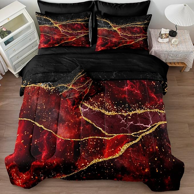 Bedorm Red Marble Comforter Set 6 Pcs Twin Size Bedding Set in A Bag Black Gold Marble Stone Texture Abstract Room Decor