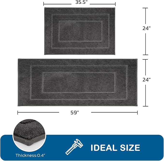 PURRUGS Machine Washable Kitchen Rug Set [2 PCS] (24" x 35.5"+ 24" x 59"), Non-Slip/Skid Kitchen Runner Rugs & Floor Mats, Super Absorbent Soft Standing Mats for Kitchen, Laundry & Sink, Grey