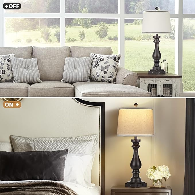 27.5" Farmhouse Table Lamp for Living Room,Vintage Bedside Nightstand Lamp with USB C+A Ports & AC Outlet,3-Way Dimmable Touch Control Retro Black Desk Lamp for Bedroom,Single Black