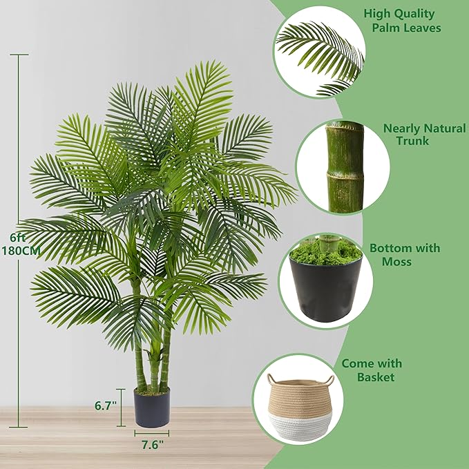 Artificial Palm Tree, 6ft Golden Cane Fake Palm Plant with Basket, Large Phoenix Palm UV Resistant Faux Plants for Indoor Outdoor Home Garden Patio Office Décor