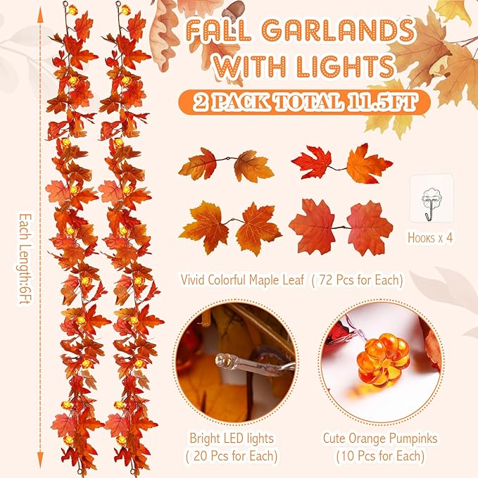 VIHOSE 2 Pack Thanksgiving Maple Leaves Garland Fall Decor 11.5 ft 40 LED with Pumpkin Lights Battery Operated and Timer Remote for Home Thanksgiving Halloween Decor(Orange)