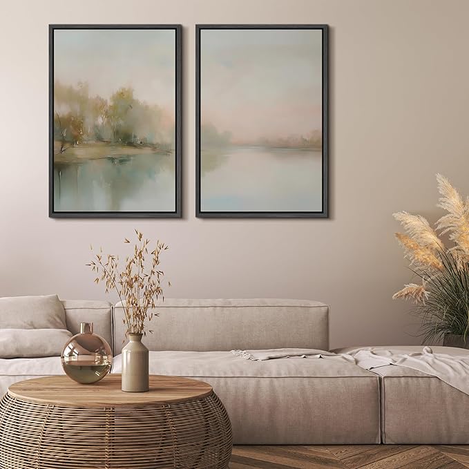 MUDECOR Framed Canvas Print Wall Art Tranquil Reflection Serene River Landscape Illustrations Modern Art Decorative Bohemian Chic for Living Room, Bedroom, Office - 16"x24"x2 Black