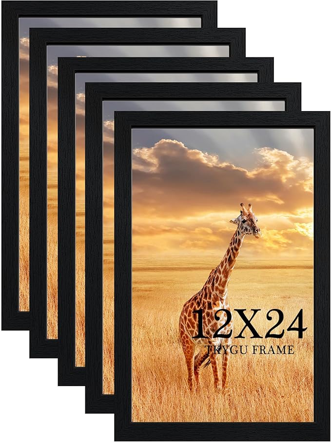 12x24 Picture Frame Set of 5,Wooden Frame 12x24 Wall Gallery Poster Photo frame Black with Durable Shatter Resistant Plexiglass for Wall Mounting 12 by 24 Photos Posters frame -wedding best gift