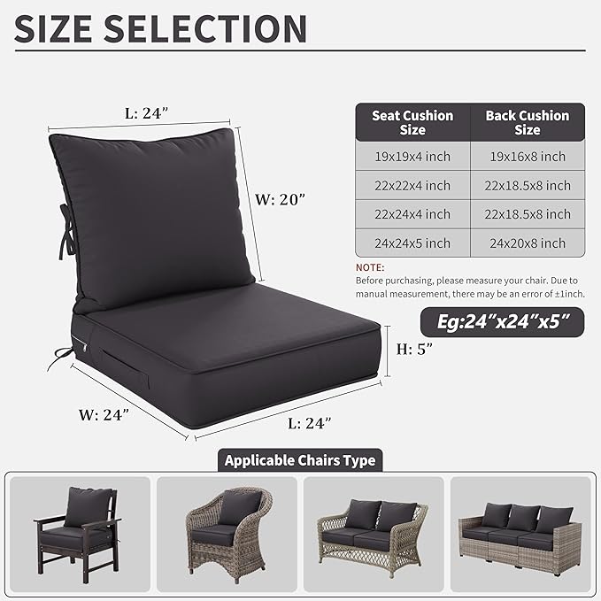 Premium Outdoor Seat Cushion Chair Cushions for Patio Furniture 24 L X 24 W X 5 H Waterproof & Fade Resistant Deep Seat and Backrest Cushion Set with Removable Covers for Chair, Sofa