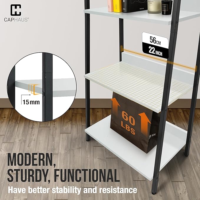 CAPHAUS 4 Tier Ladder Bookshelf, 24 Inch Width Free Standing Shelf, Bookcase Shelf Storage Rack Organizer, Industrial Book Shelves for Home Office, Living Room, Kitchen, White Wooden Shelves