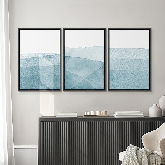 SIGNWIN 3 Piece Framed Canvas Wall Art Blue Wash Brushstroke Watercolor Nature Wilderness Illustrations Abstract Traditional Home Artwork Decoration for Living Room,Bedroom - 24"x36"x3 Black