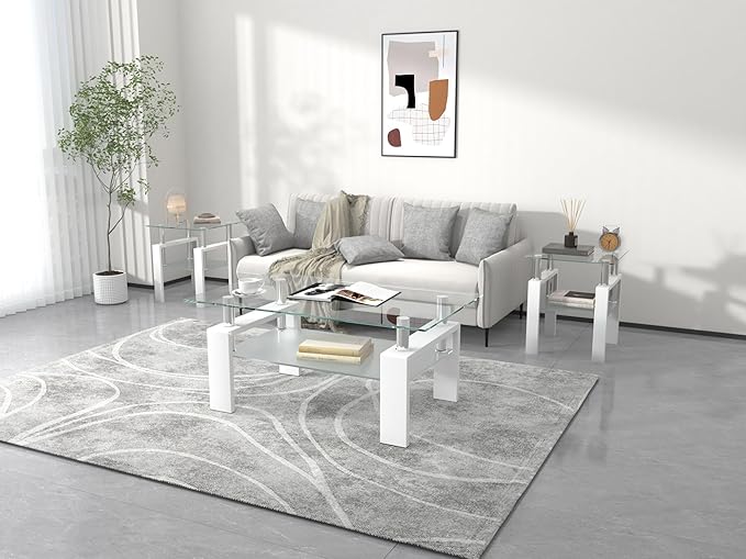 IANIYA 3 Piece Living Room Table Set, Modern Tempered Glass Coffee Table Set, Glass Coffee Table Black Metal Frame End Table for Living Room Apartment Small Space, White