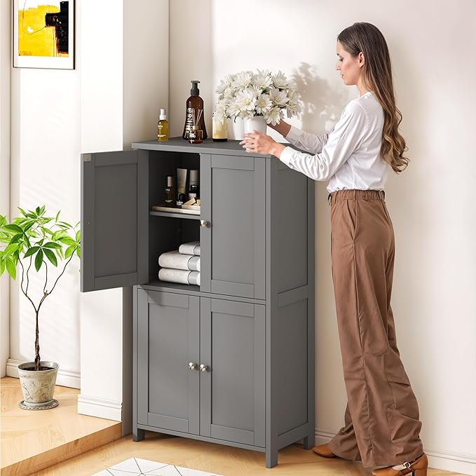 Nuturelly Bathroom Floor Storage Cabinet, Freestanding Pantry Cabinets with 4 Doors & 3 Adjustable Heights, Bathroom Organizers and Storage with Top Board & Metal Handles for Kitchen, Grey