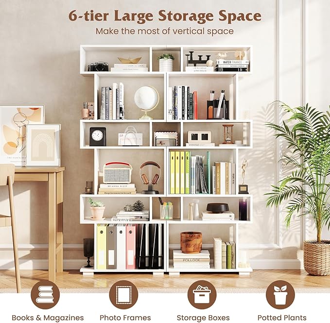 Tangkula 6-Tier S-Shaped Bookshelf, 64" Freestanding Geometric Bookcase, Home Office Wood Storage Shelf with Anti-Toppling Device, Room Divider Display Rack for Study, Living Room (2, White)